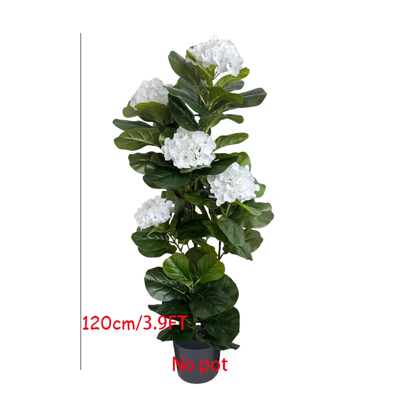 Arbre artificiel en figuier à feuilles de violon de 1,20 m de haut avec des fleurs d'hortensia blanc