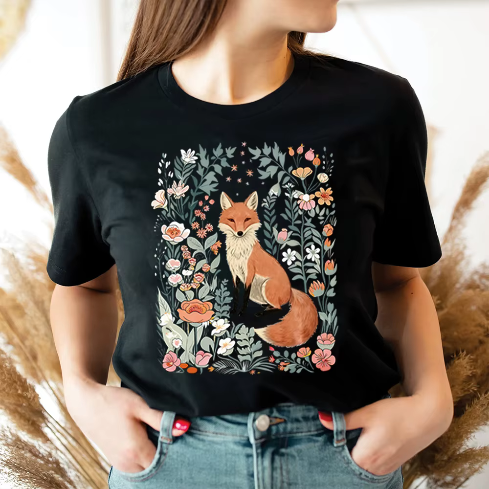 Woodland Lover Cadeau pour son mignon fleur renard chemise vintage floral Cottagecore unisexe t-shir