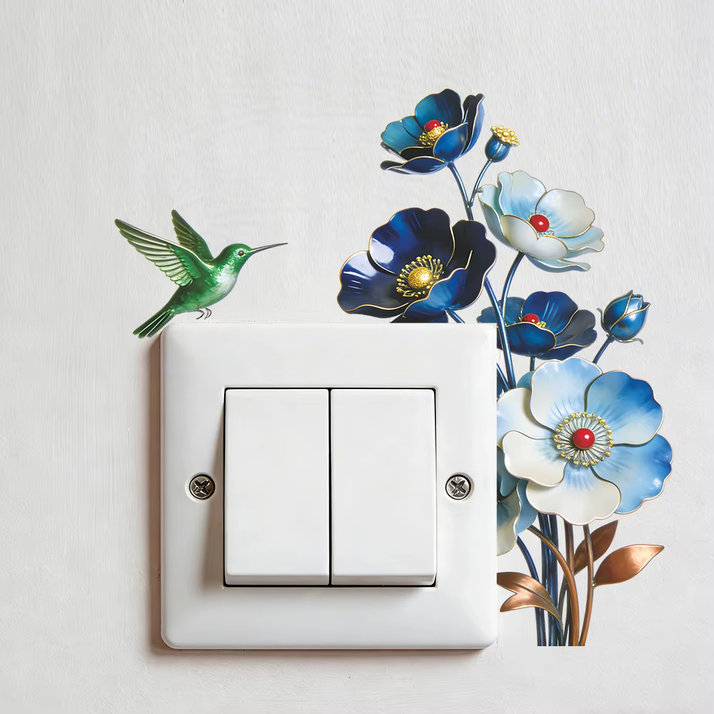 Autocollant mural amovible imperméable à l'eau avec fleurs bleues romantiques pour chambre à coucher