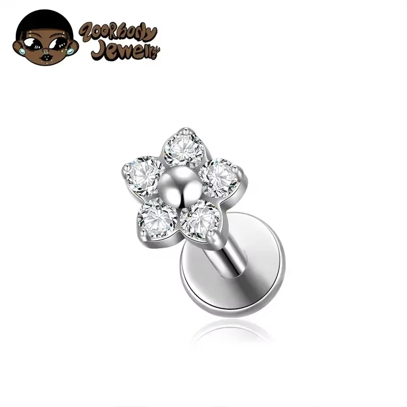 G23 titane coloré fleur lèvre Piercing femmes 16G 18G flocon de neige coeur CZ Tragus Cartilage Heli