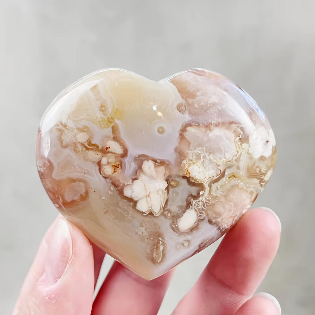 1 pièce de pierre de palmier en forme de cœur en agate fleurie, ornements quotidiens de couleur clai