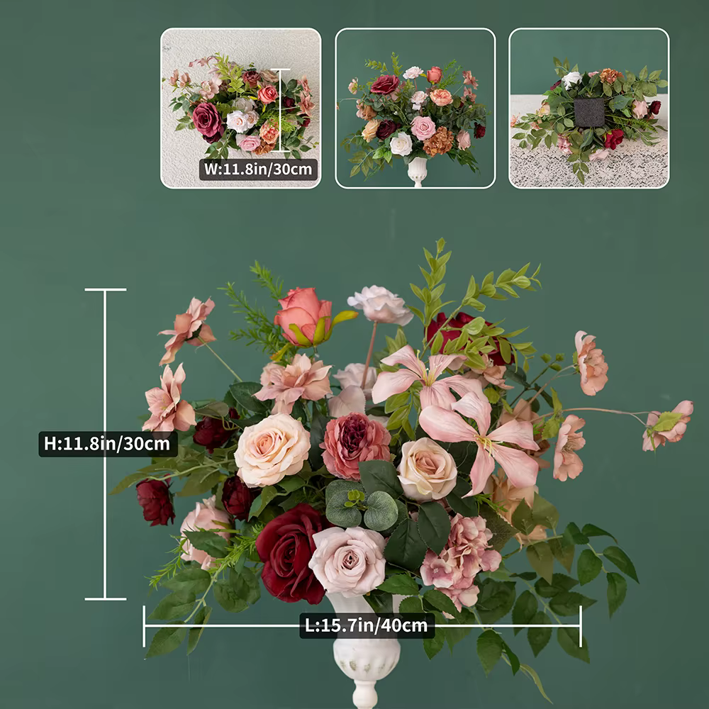 Arrangement de fleurs de pivoine, Style vert, bordeaux, Rose poussiéreux, pour arrière-plan de scène