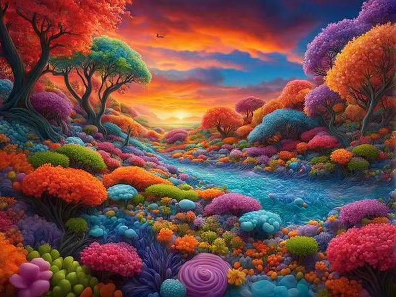Peinture Diamant Paysage de Vallée Fleuri Coloré et Rêveur, Scène Magique de Jardin Montagne Arc-en-