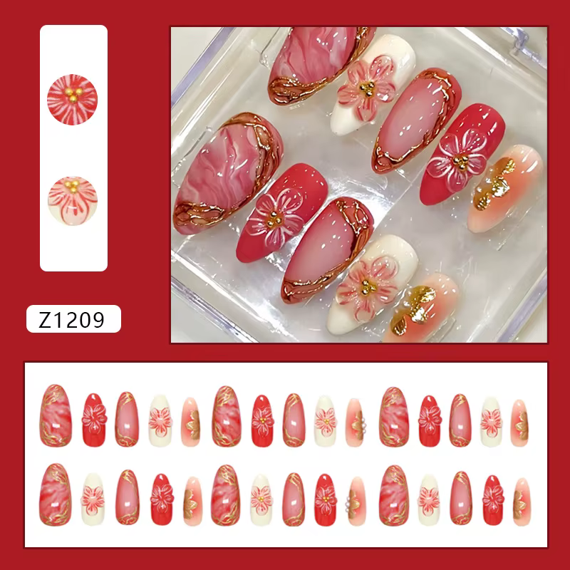 30 pièces fleurs rouges imprimé presse sur ongles français amande rose Blush faux ongles conseils po