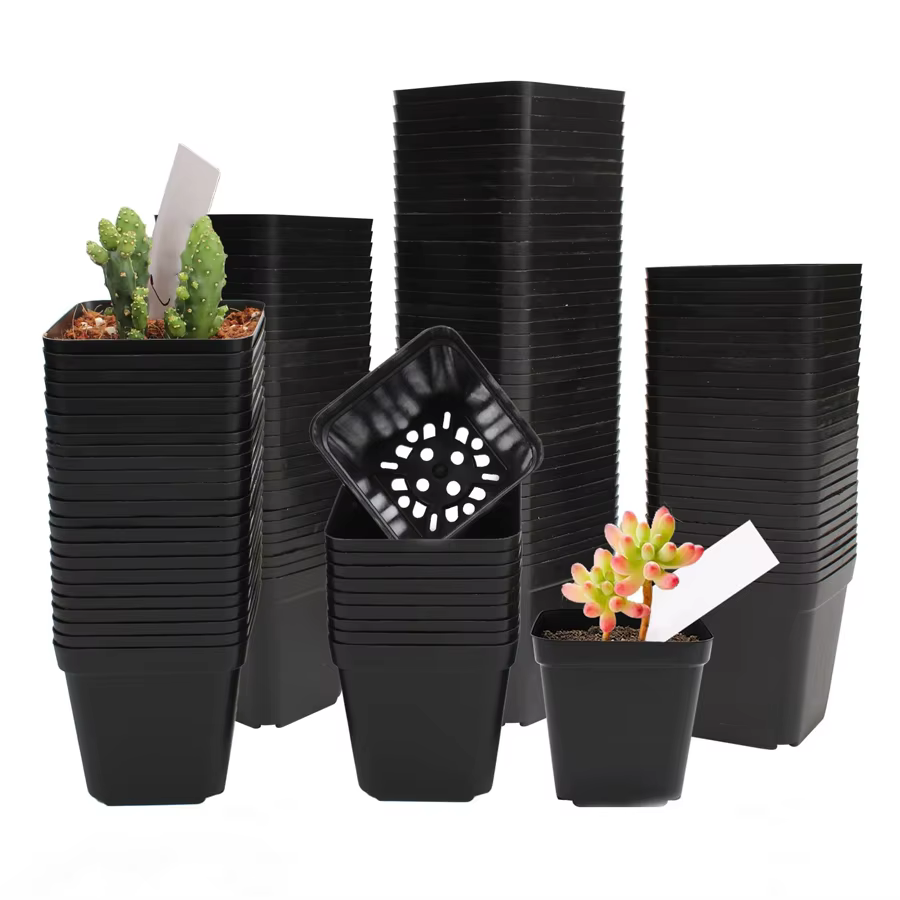 Lot de 6/12/24 pots de fleurs carrés noirs avec plateau, pour bureau, intérieur, extérieur, décorati