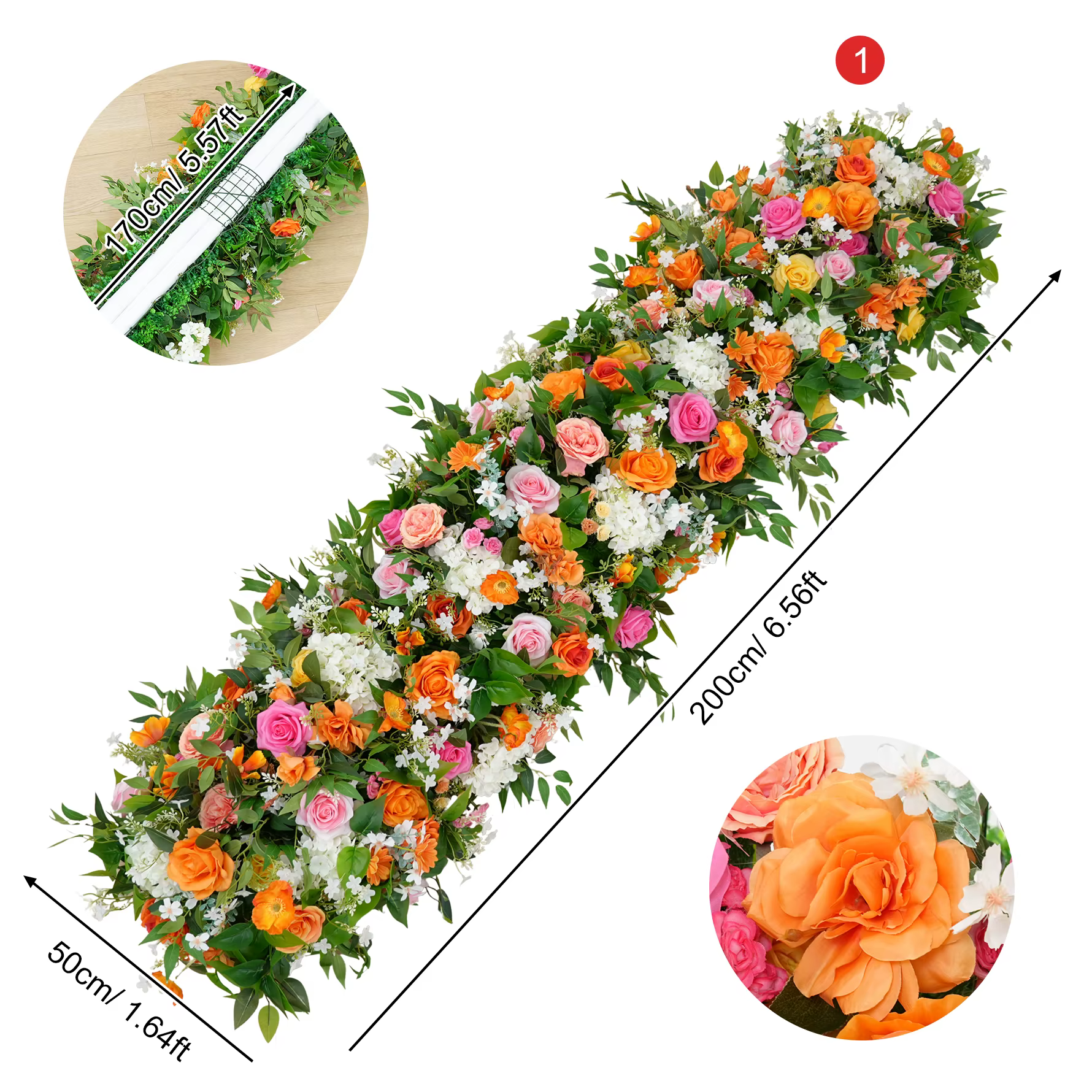 A8935 Orange rose vif verdure Arrangement de fleurs Table canapé chemin rangée florale événement fêt
