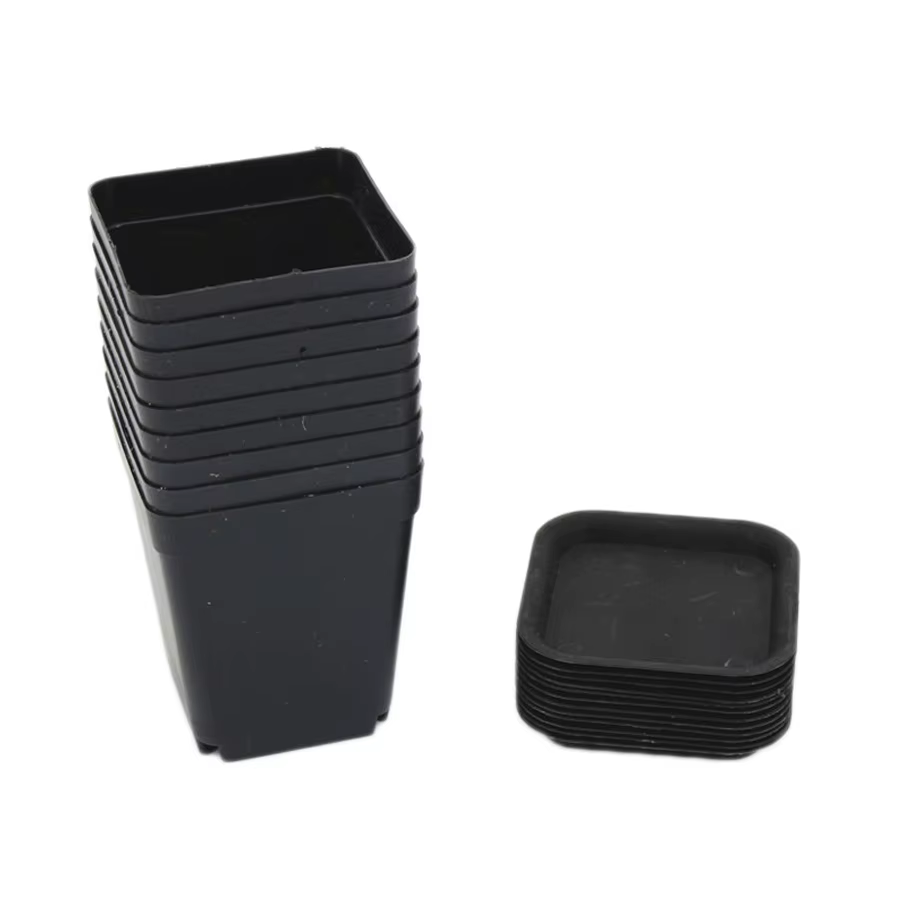 Lot de 6/12/24 pots de fleurs carrés noirs avec plateau, pour bureau, intérieur, extérieur, décorati