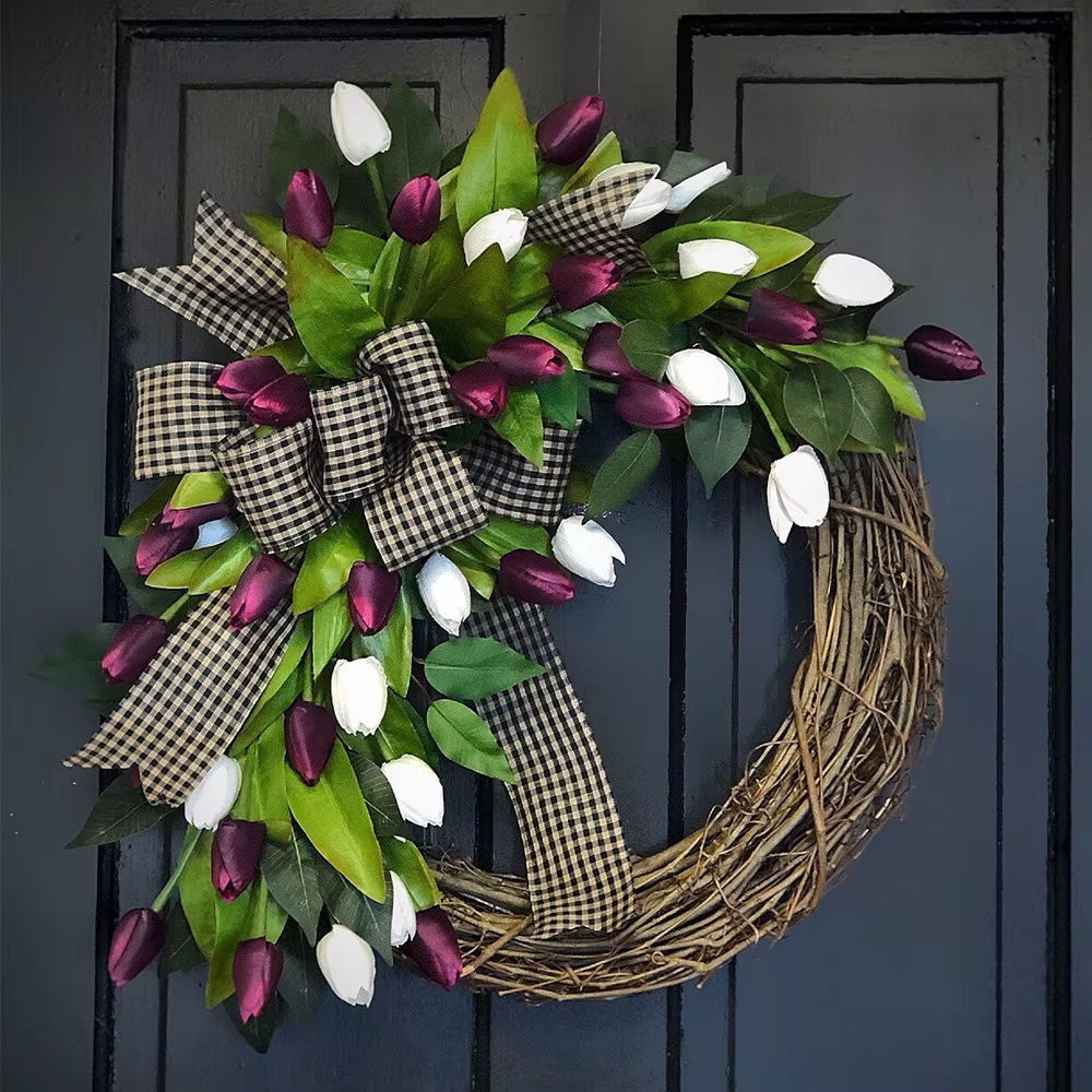Couronne de tulipes de printemps, décoration à suspendre à la porte, pendentif décoratif pour la mai