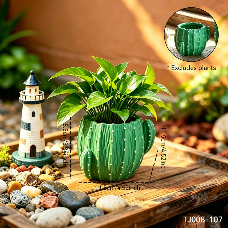Petit pot de fleurs en résine en forme de cactus vert de dessin animé pour plantes succulentes, idéa