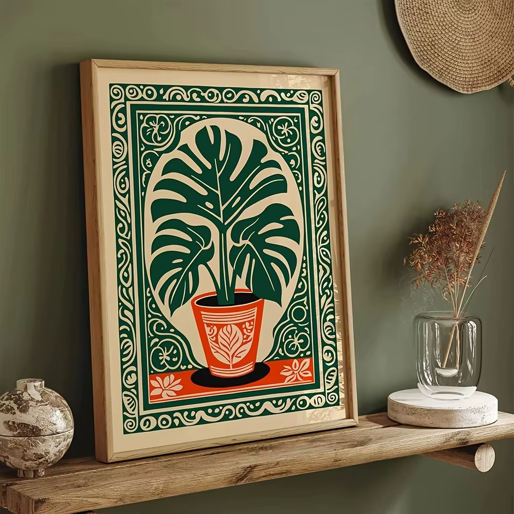 Toile imprimée de plante de Monstera bohème, plante tropicale rétro, feuille verte, affiche d'art mu