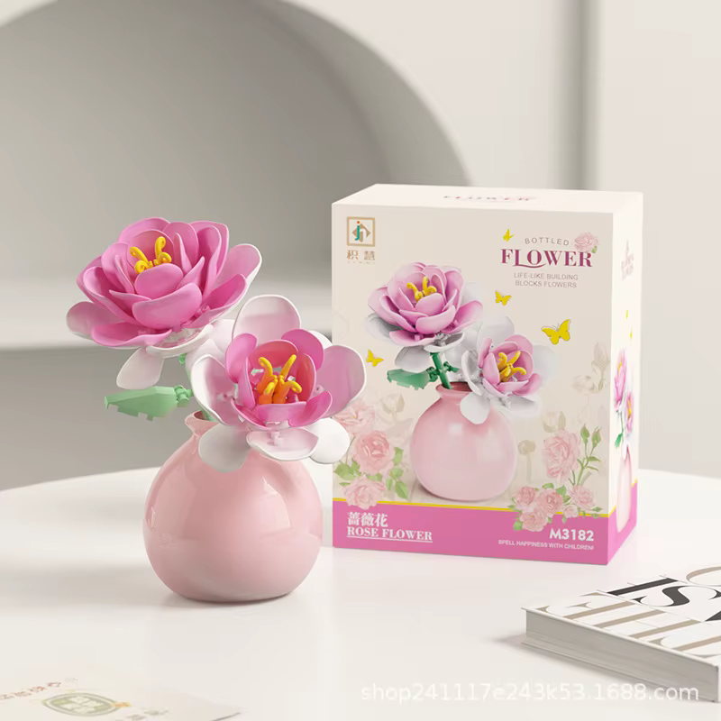 Blocs de construction pot plante bouquet de fleurs, roses, blocs de construction de lys, jouets avec