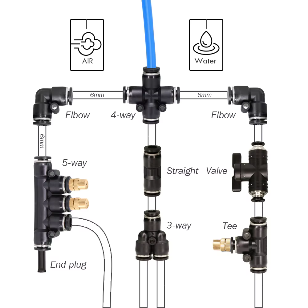 Raccords de Tubes en OD-6MM PE PU, Adaptateur de Couplage de Tuyau à Poussée Rapide de Jardin 5 Voie