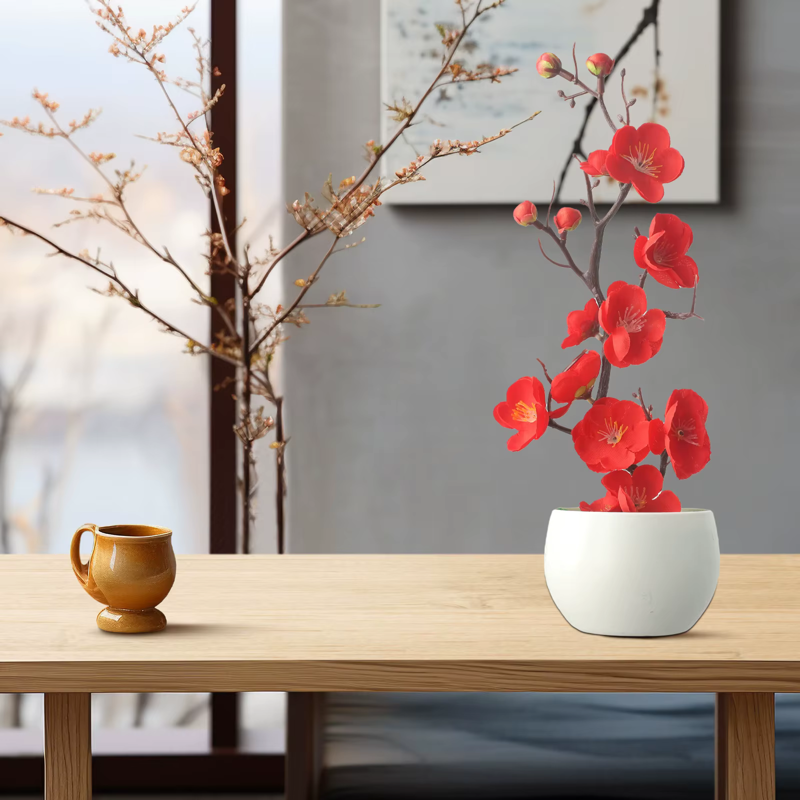 Plante en pot de fleur de prunier à usage intérieur et extérieur, matière plastique, pas besoin d'ar