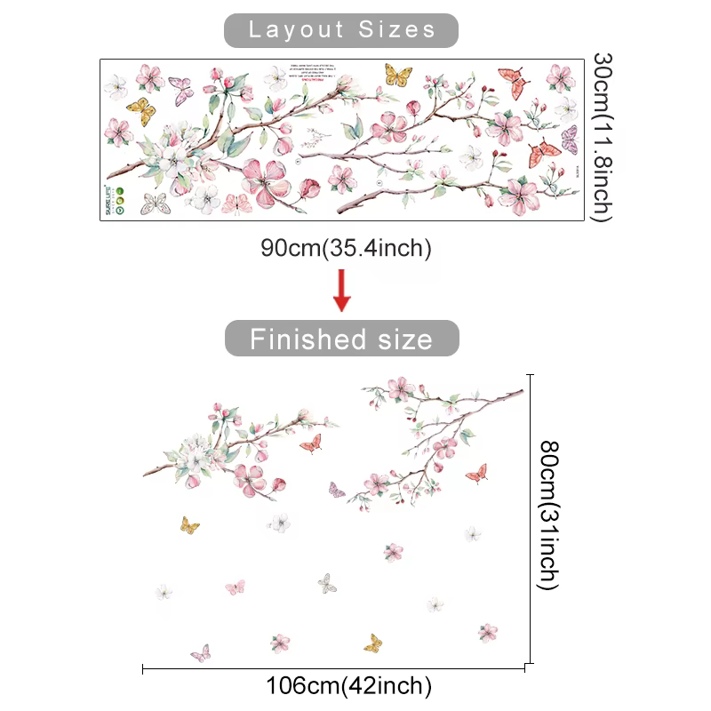 Autocollants muraux aquarelle fleurs roses, branche d'arbre en fleurs, papillon, pour chambre d'enfa