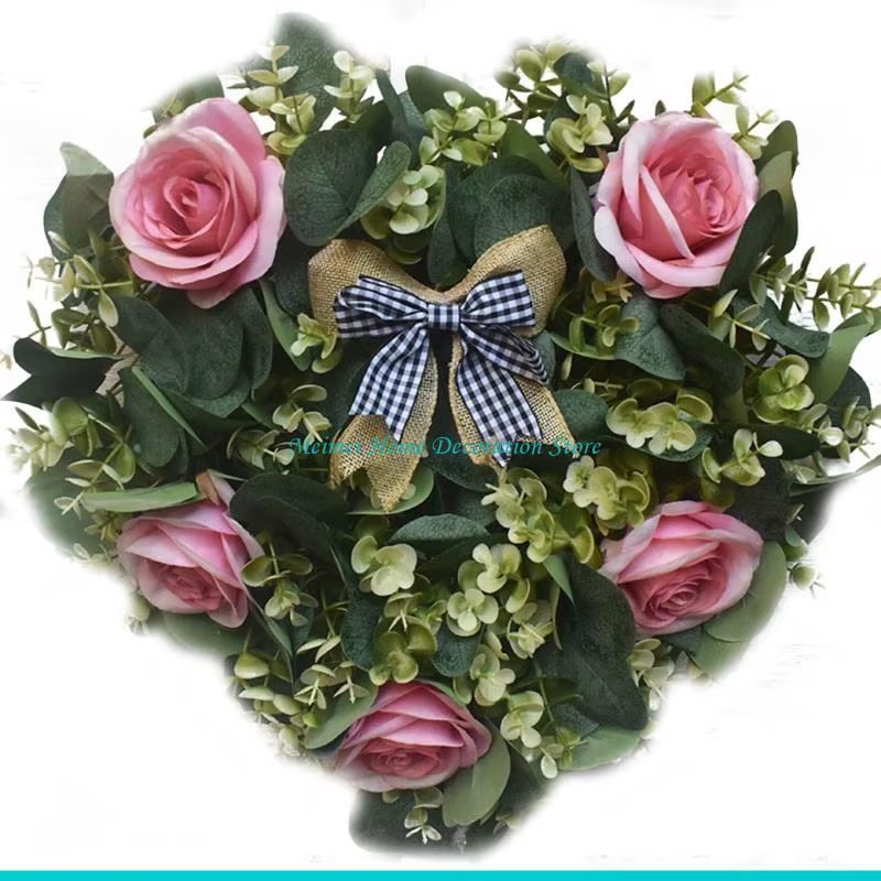 H7BF – guirlande mariage en forme cœur, couronne roses artificielles avec feuilles nœud papillon