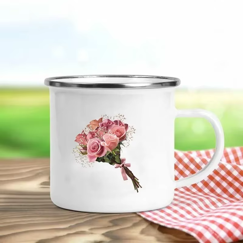 Tasses en émail rétro imprimées de fleurs, tasses à café créatives, boissons de pique-nique en plein