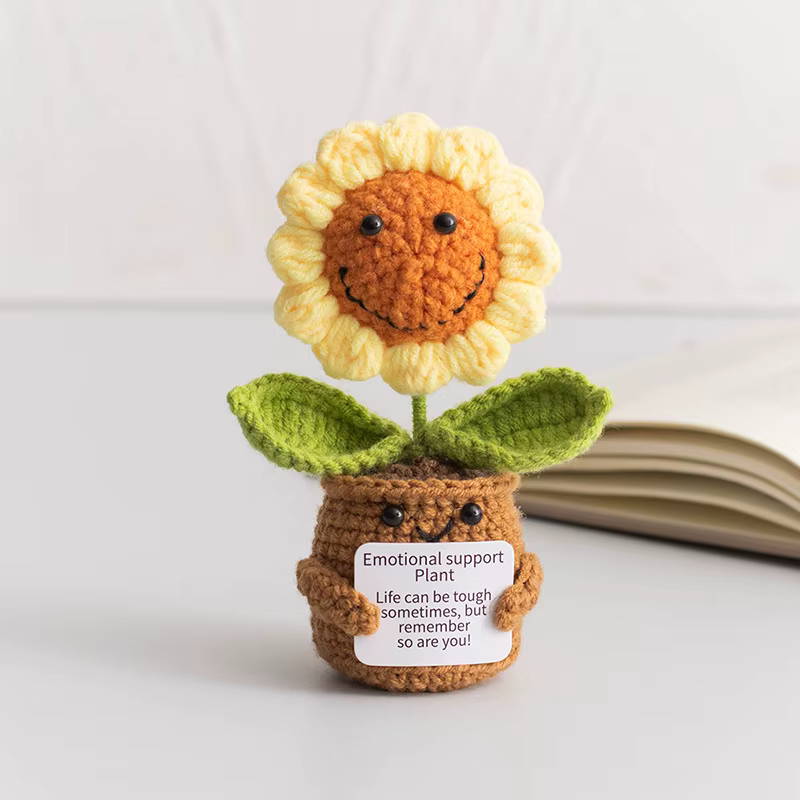 Cactus et tournesol en crochet faits main, ornement de bureau apaisant avec carte d'énergie positive