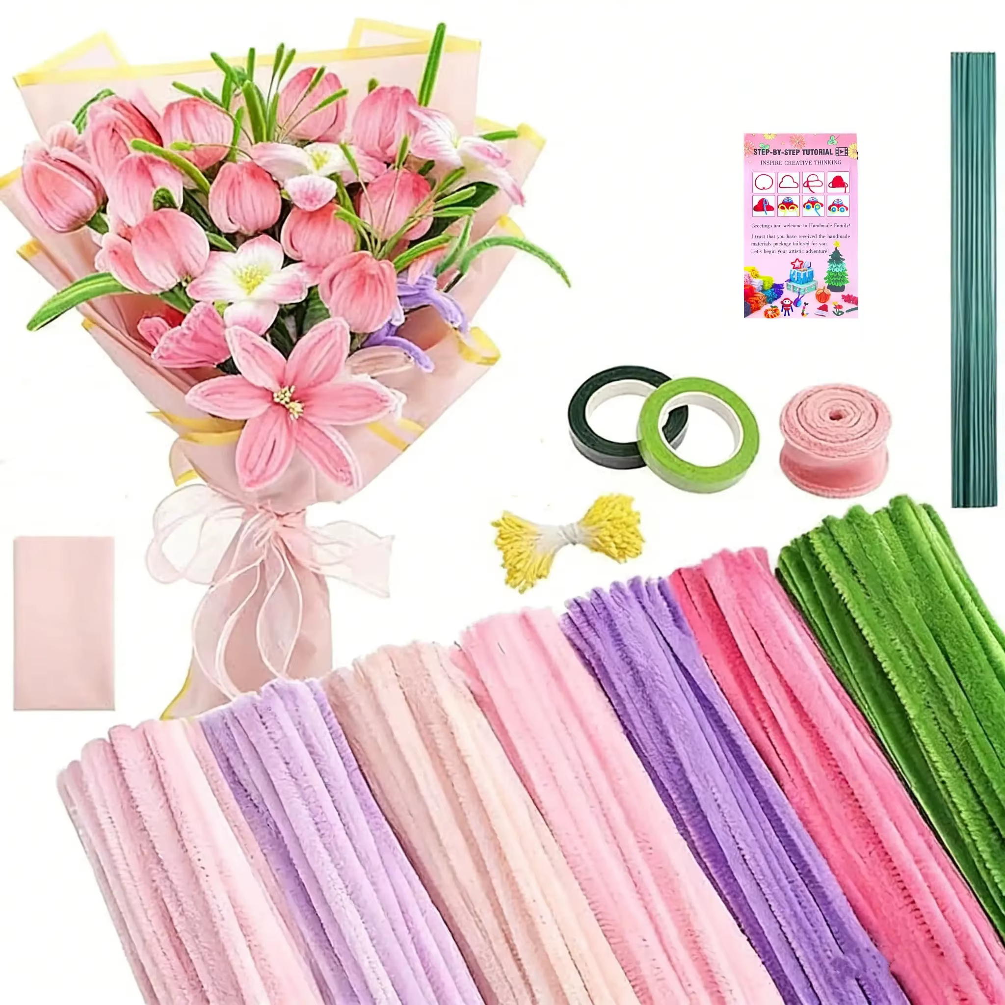 Kit de fleurs artisanales en fil de chenille 576 pièces, Fils de chenille en vrac (tulipes/lilas), T