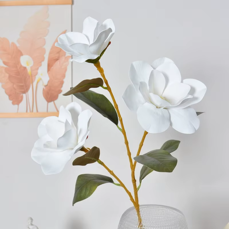 4/5 pièces de fleurs artificielles en film, branche de magnolia à 3 branches, rouge, pour décoration