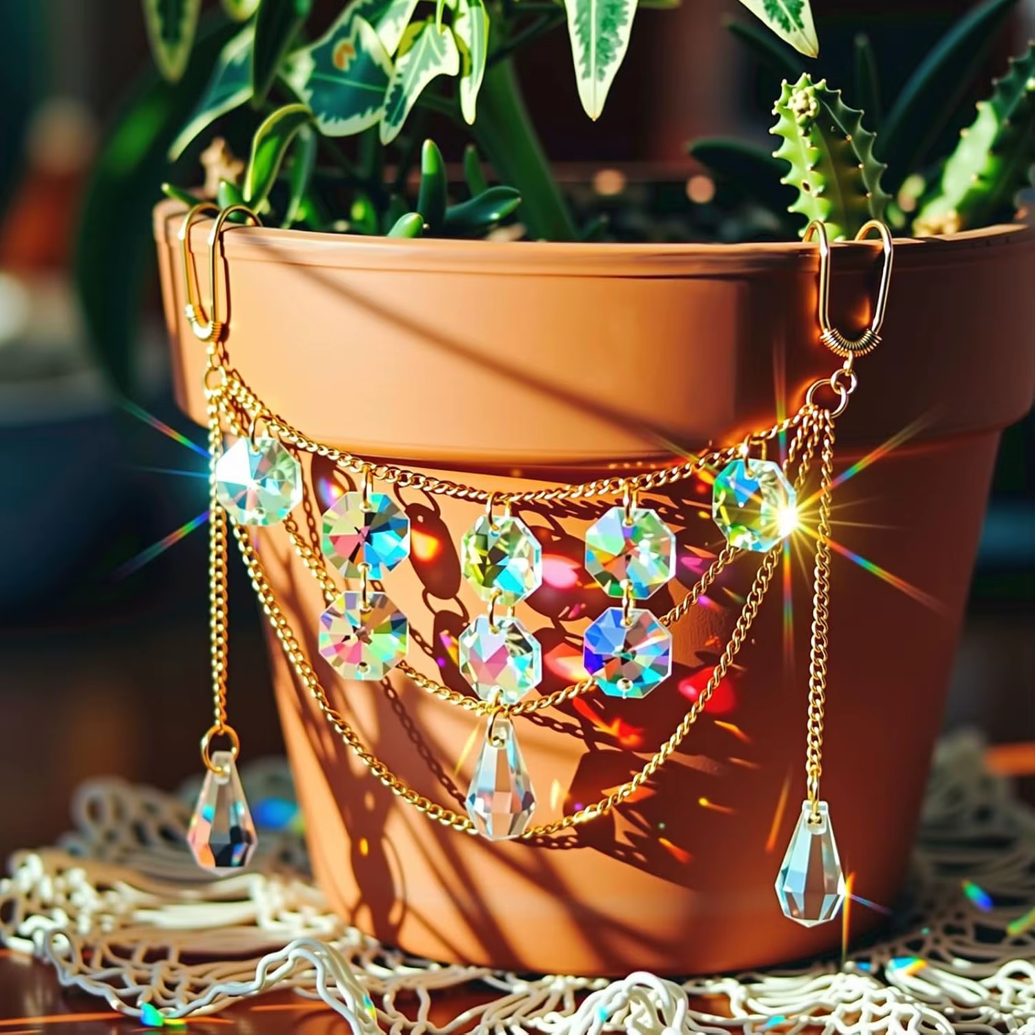 Support de plante attrape-soleil avec perles et cristaux de verre, accessoires de plante perlés pour