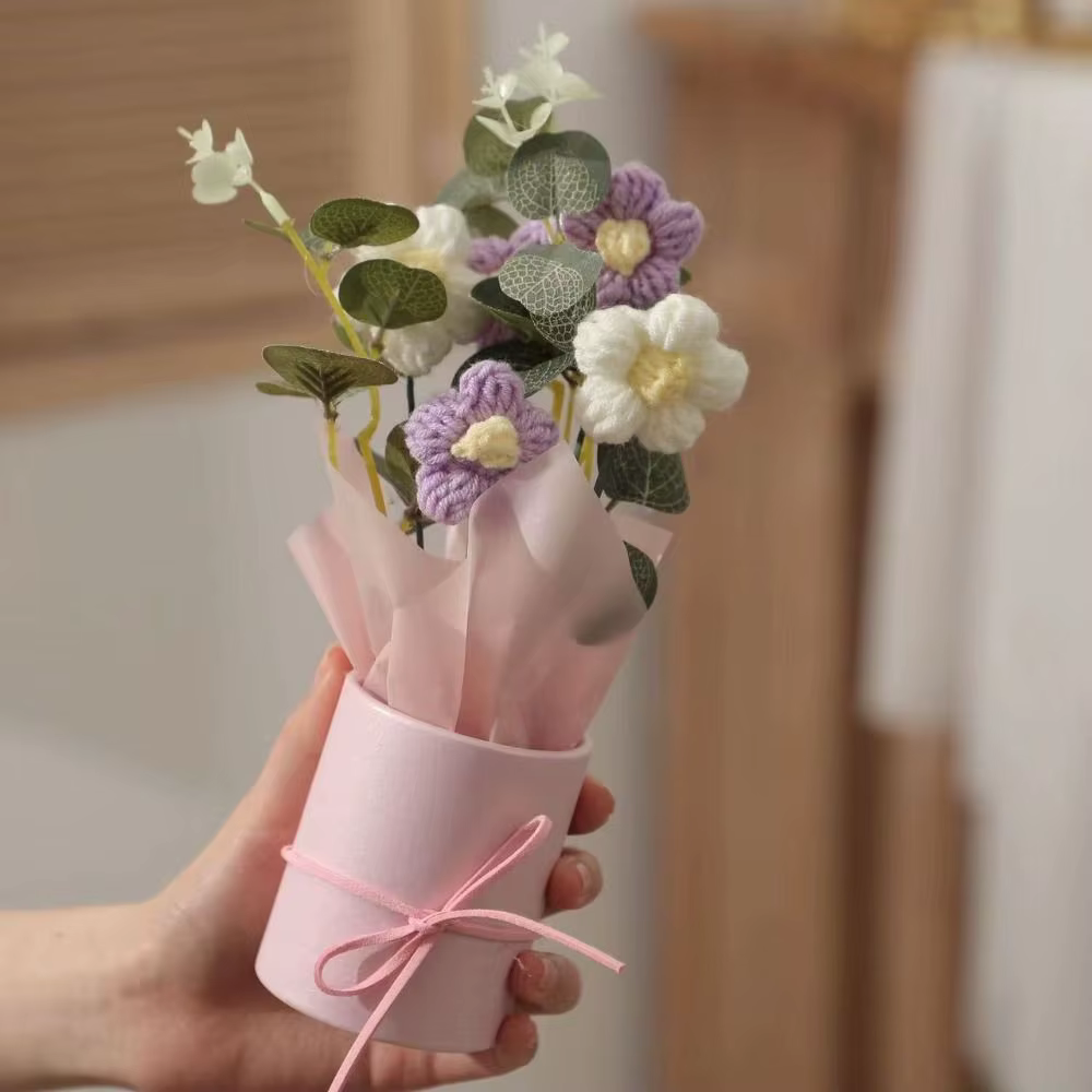 Fleurs au Crochet tricotées faites à la main avec seau, Bouquet de fleurs artificielles tissées colo