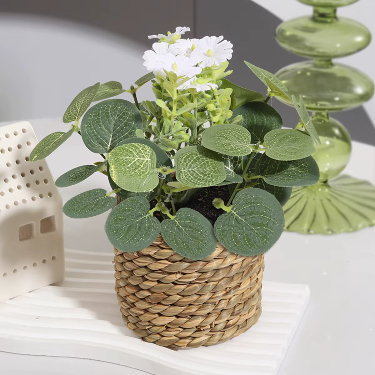 XIYA FLOWER Plantes artificielles vertes, fleurs d'eucalyptus, petites plantes en pot tressées, grap