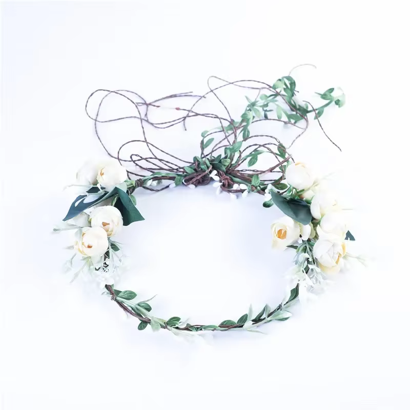 Bandeau couronne de fleurs en rotin pour femmes et filles, fausse rose, guirxiété florale, bandeau d
