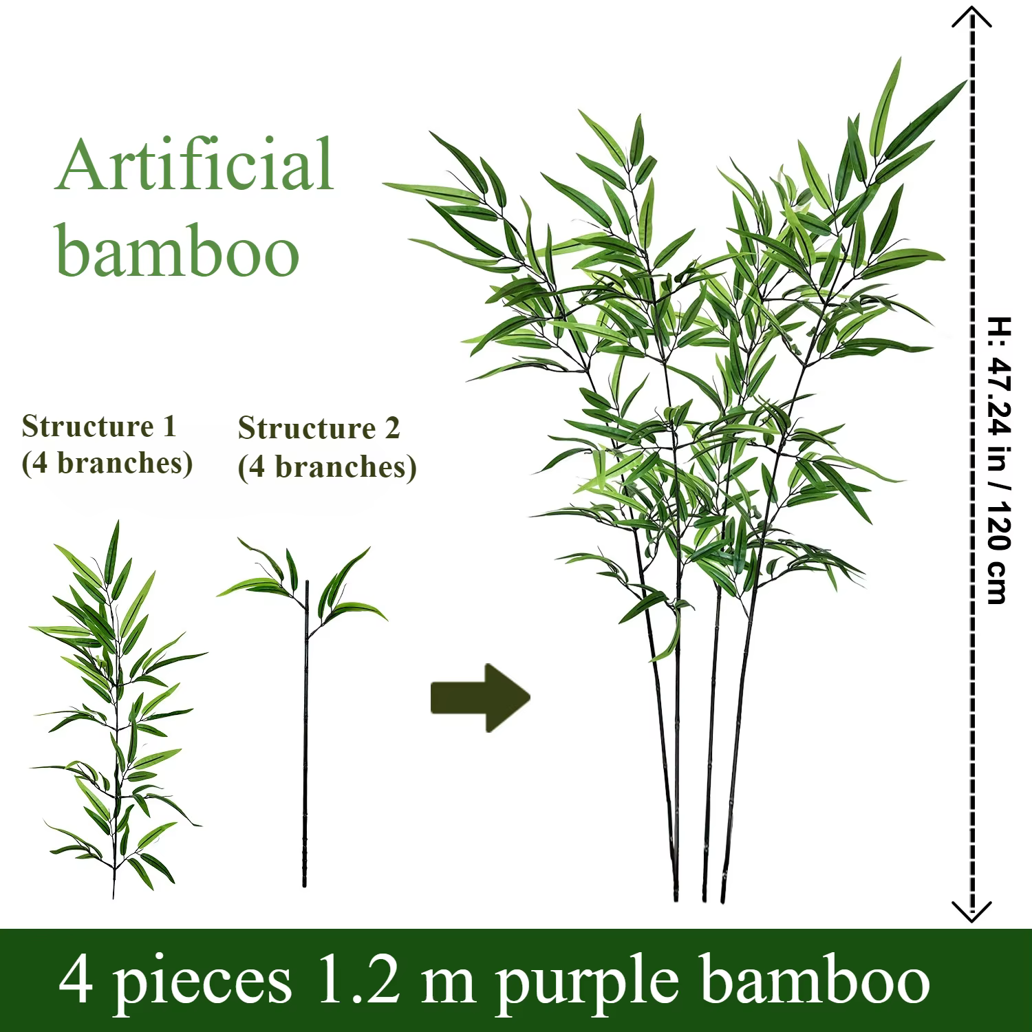 Bambou artificiel vert, indémodifiable, démontable, de 120 cm à 240 cm, fausse plante pour décoratio