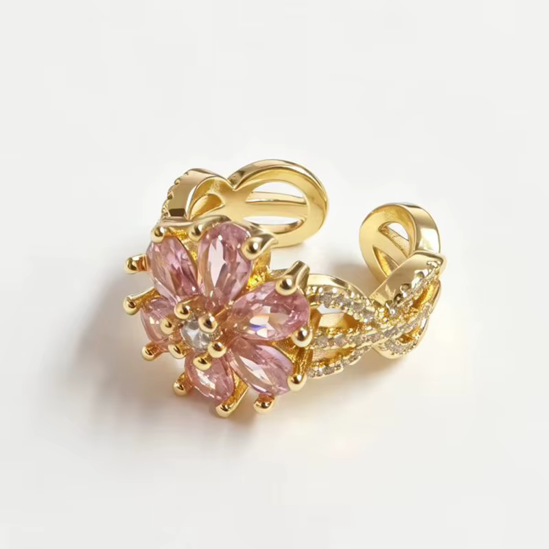 Ensemble de bagues ouvertes réglables en forme de fleur rose avec pierres en zircone cubique pour un