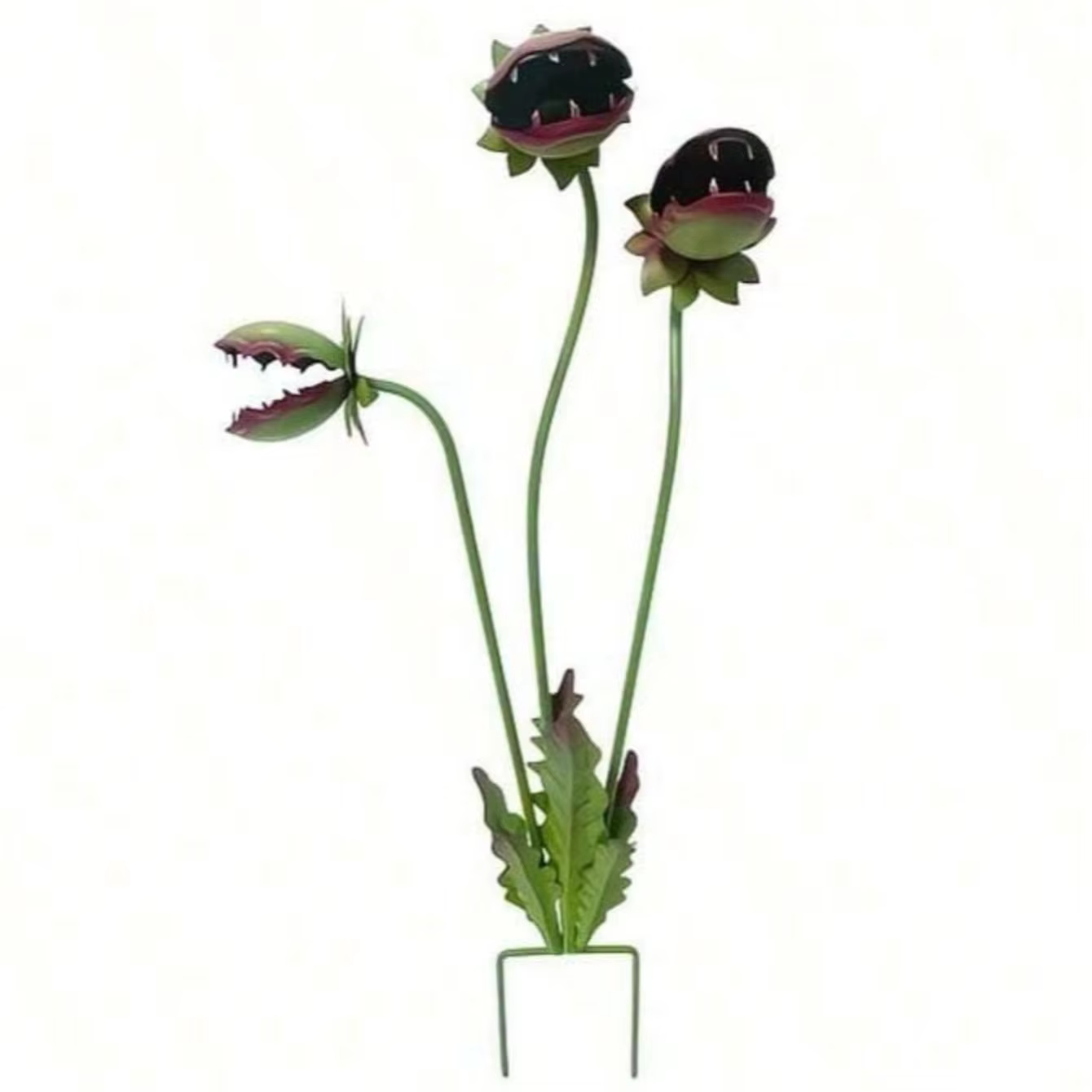 Décoration de jardin en métal peint en forme de fleur carnivore, sur piquet, 3 têtes de fleurs, idéa
