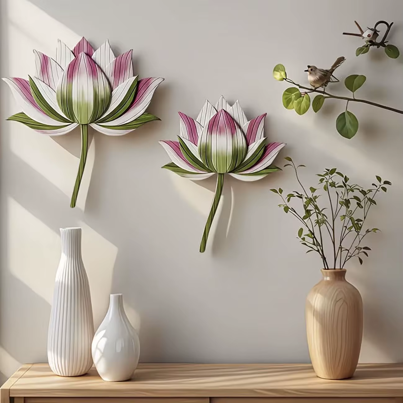 2 pièces Décoration murale en bois de fleur de lotus naturelle, Art mural floral élégant pour chambr