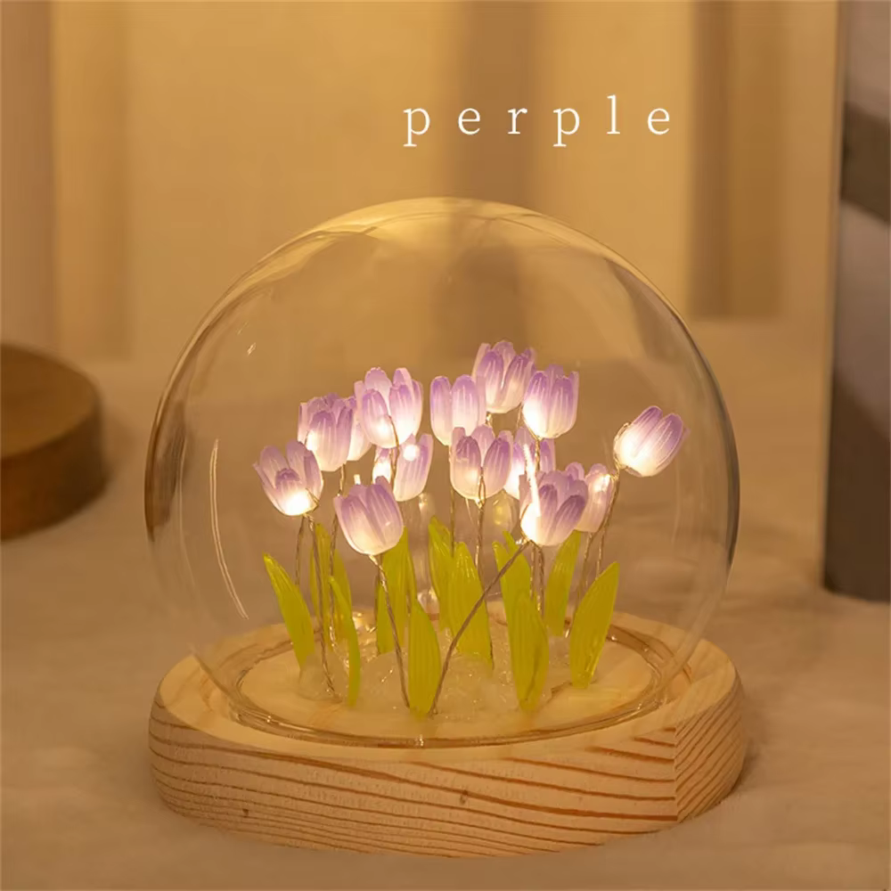 Veilleuse de fleur de tulipe artificielle faite à la main, lampe de chevet de bricolage, décor de ch
