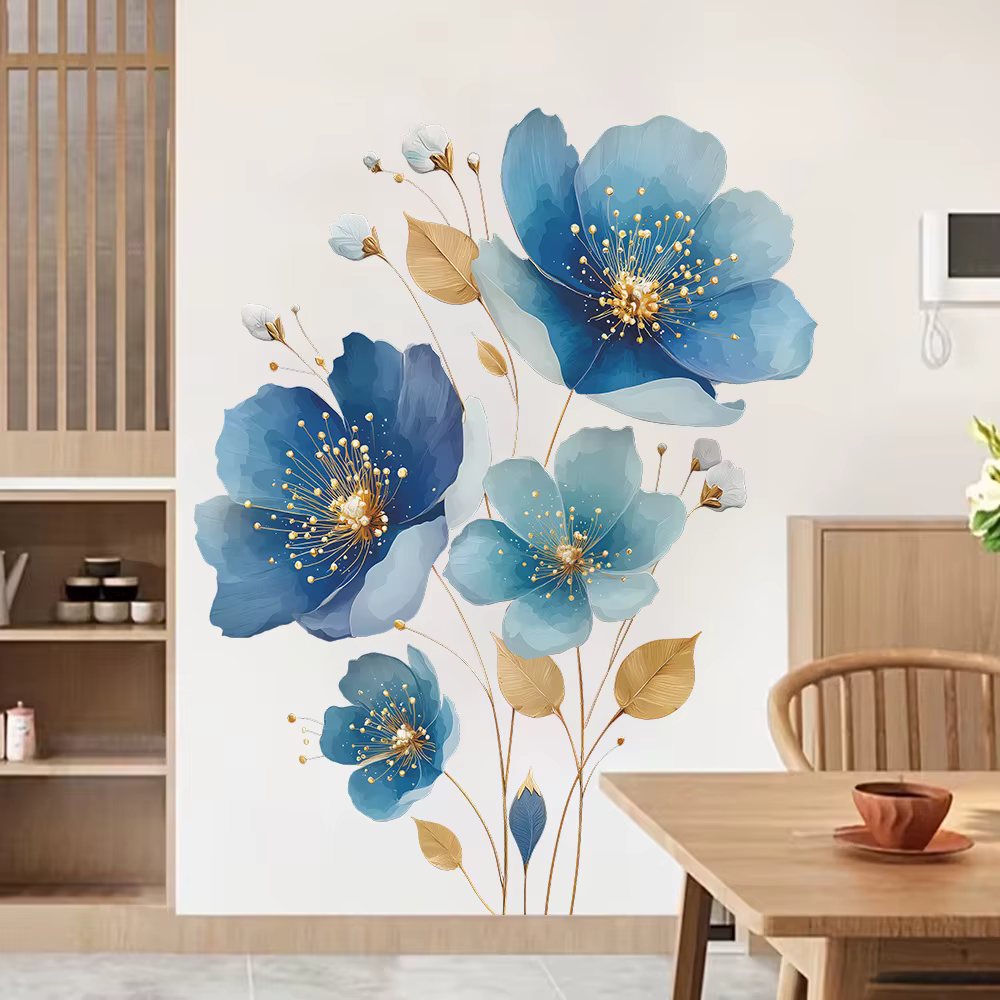 Autocollant mural de fleurs bleues magnifiques pour salon, décoration murale, embellissement de fond