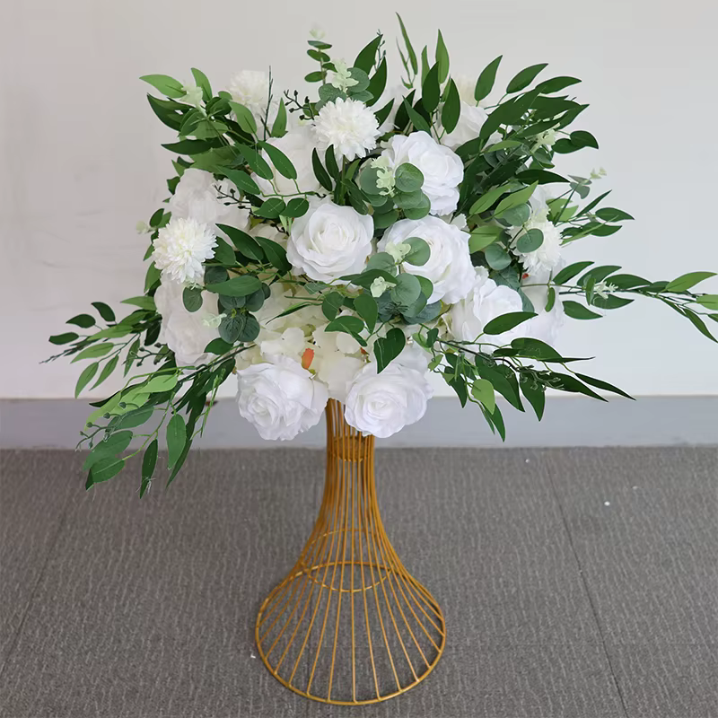 Centre de Table en forme d'hortensia, Rose blanche, feuilles vertes, boule, Arrangement de rangées f