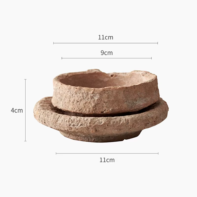 Pot de Plante Verte Faite à la Main avec Plateau, Poterie Rouge en Céramique, Motif Marteau Rétro
