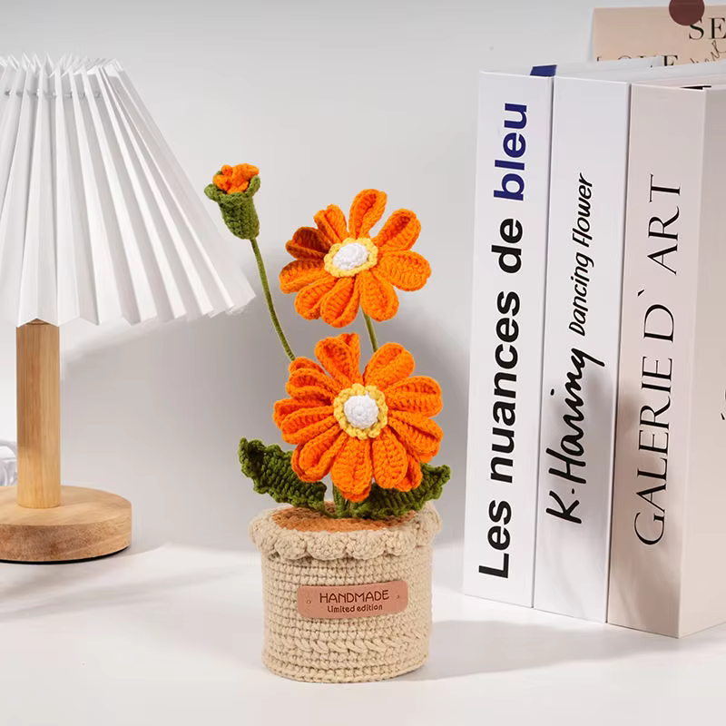 Bouquet de fleurs artificielles au Crochet, chrysanthème, tournesol, plantes en pot tissées, cadeaux