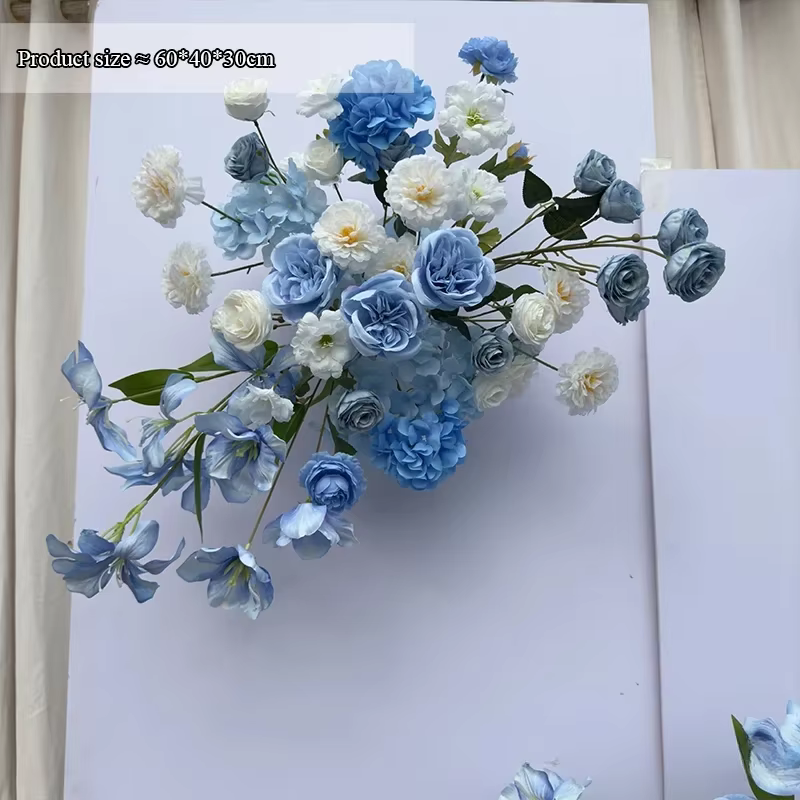 Chemin de fleurs roses artificielles de luxe, bleu, blanc, toile de fond de mariage, décoration rigo