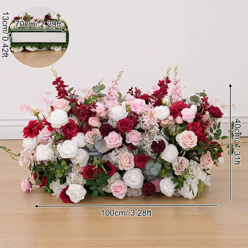 A8889 Haricots bordeaux ​ Décor de rangée de fleurs vertes roses, cadre en arc d'arrière-plan de mar