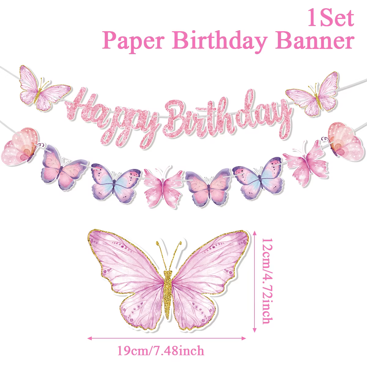 Bannière rose Joyeux Anniversaire avec guirlandes suspendues en forme de papillons dansants, décorat