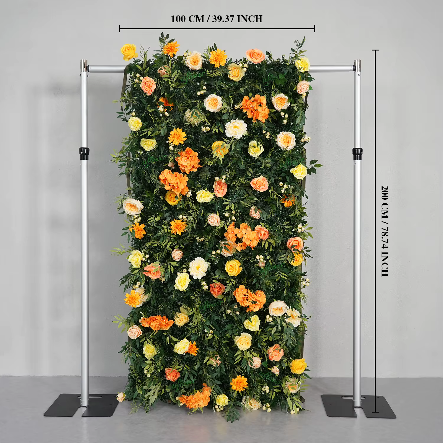 Mur de fleurs artificielles 5D en tissu avec roses orange et feuilles vertes pour décoration de mari