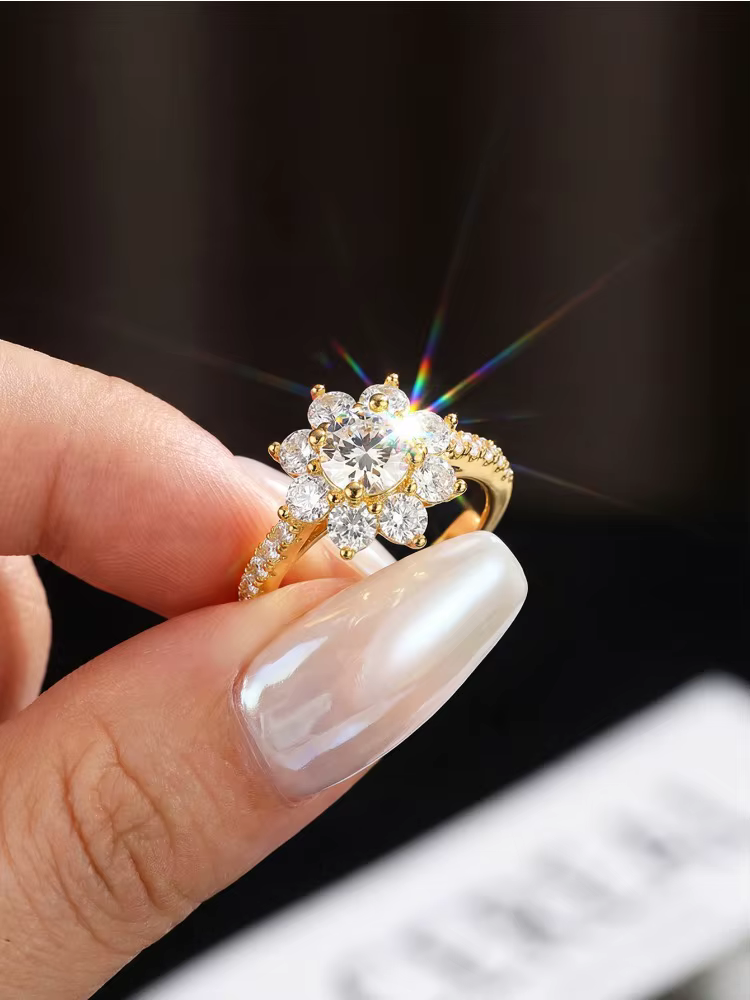 Bague tournesol en diamant Moissanite rond 1CT, adaptée aux femmes, en argent Sterling 925 véritable