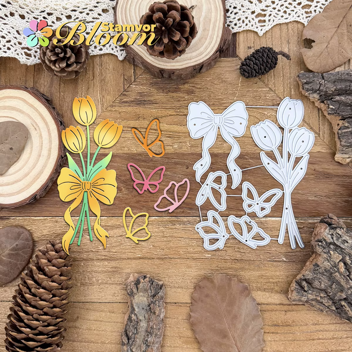 Joli Bouquet de fleurs de tulipes Original, avec nœud et papillons, matrices de découpe en métal, ga
