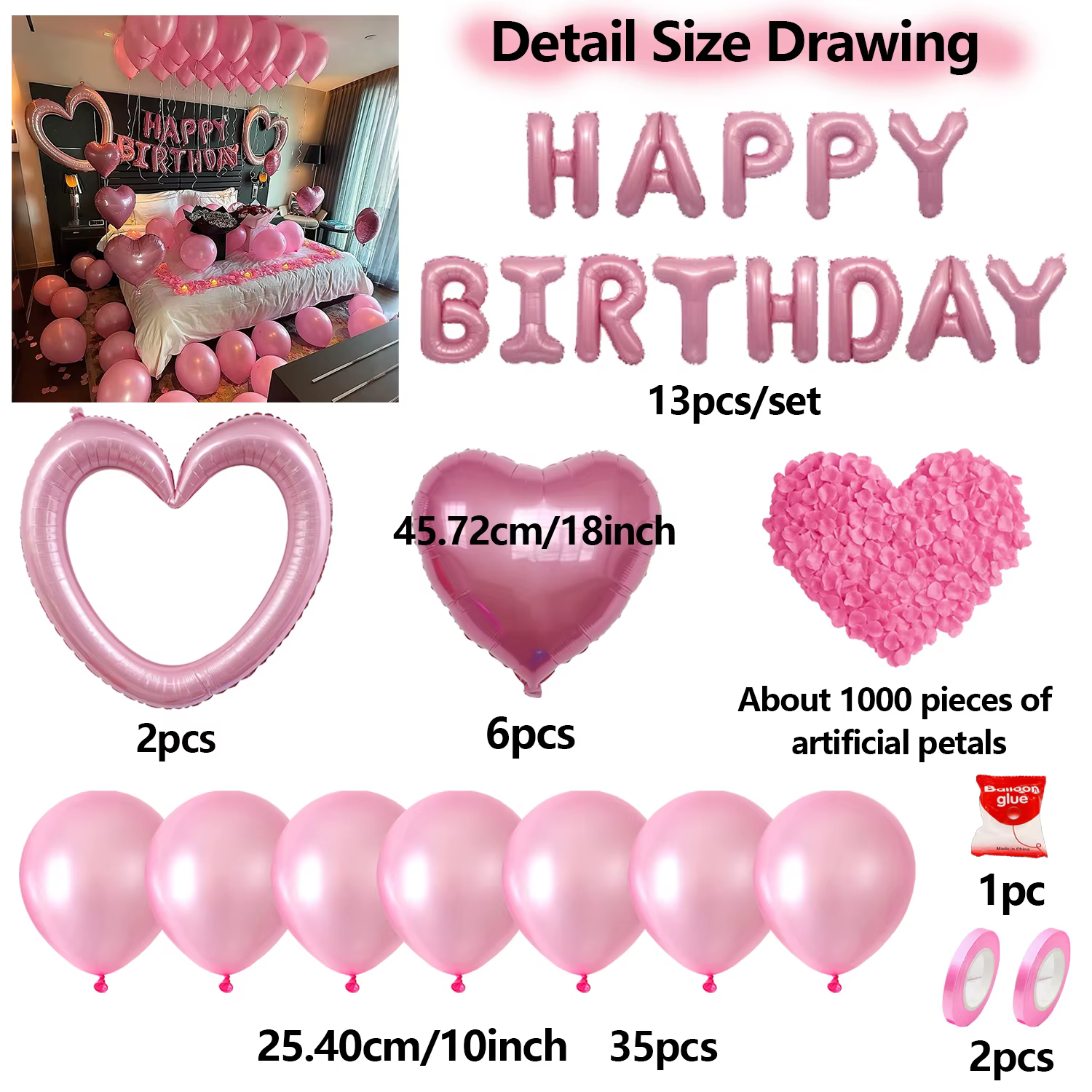 Ensemble de ballons roses Joyeux Anniversaire, pétales simulés roses, ballon en forme de cœur rose p