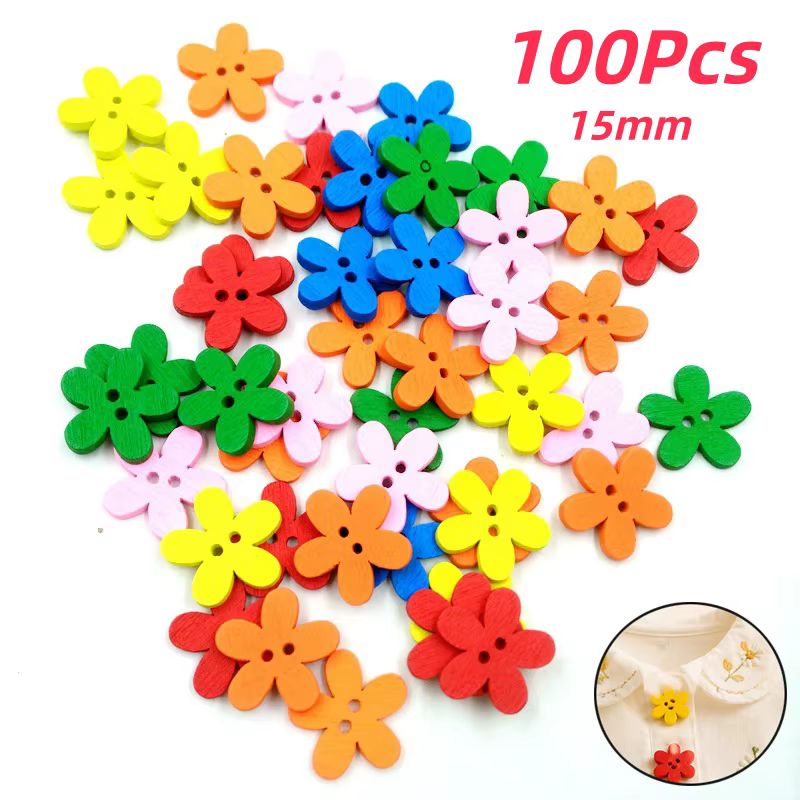 100 boutons décoratifs en bois en forme de fleur, 2 trous, couleurs assorties, pour couture et loisi