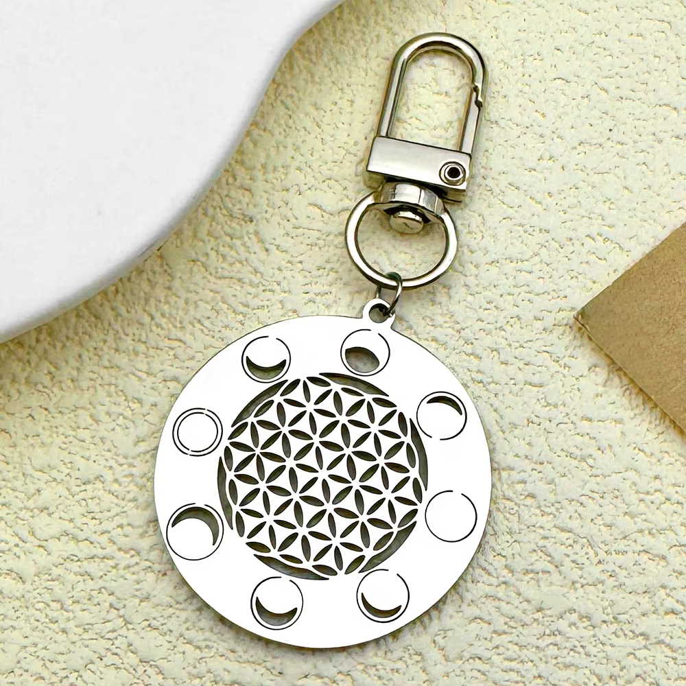 Porte-clés à géométrie sacrée fleur de vie pour femmes et hommes, en acier inoxydable, couleur argen