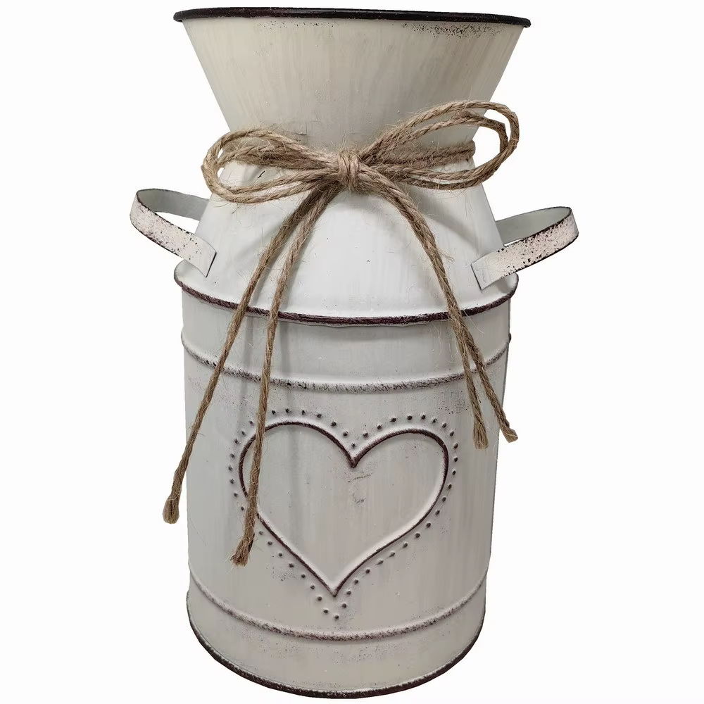 Vase en métal rustique en forme de cœur gaufré avec corde en jute, pot à fleurs vintage style ferme,