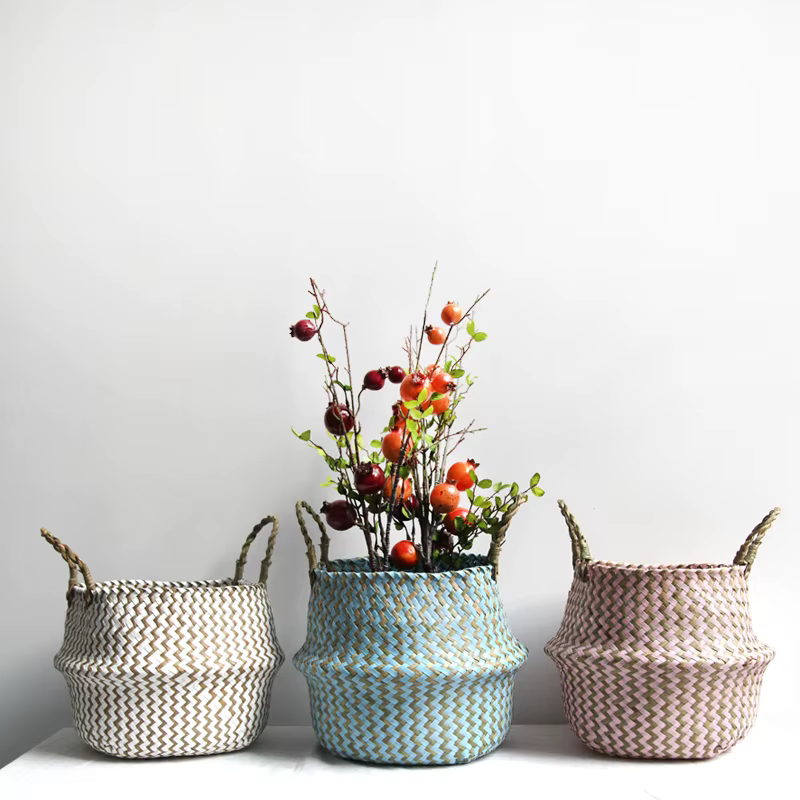 Boho décor rayé osier paniers de rangement à la main pliable panier à linge Patchwork algues fleur v