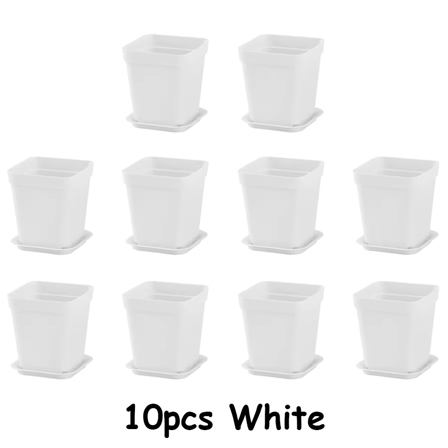 10 pots de plantes carrés en plastique blanc de 7 cm avec plateaux de drainage - Idéal pour les plan