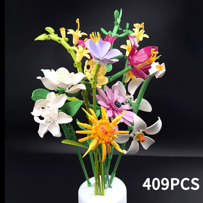 Bouquet de fleurs artificielles violets en blocs de construction, modèle de fleur éternelle simulée,