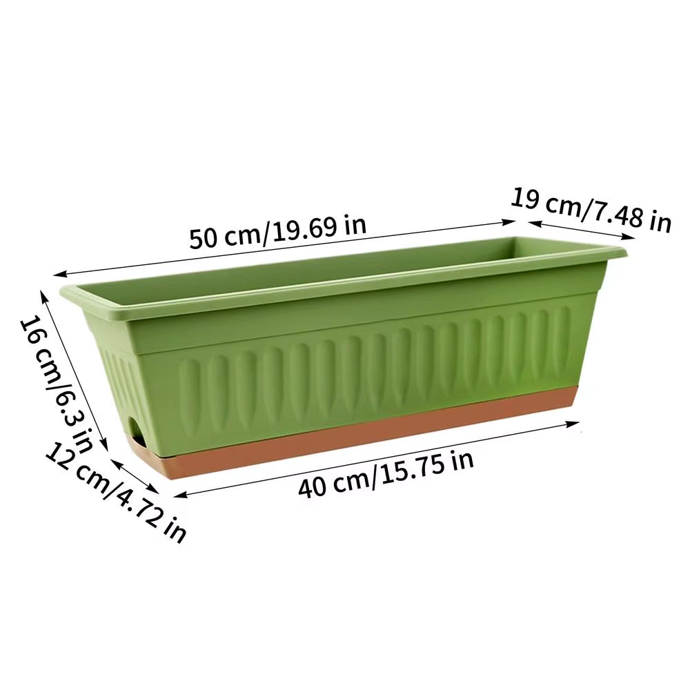 Lot de 4 jardinières rectangulaires 50x19x16cm, pot de fleurs avec trous de drainage et plateau, pot